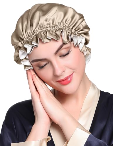 LilySilk Pure Silk Lined Cap for Women Sleep, Double Layered, Adjustable Ribbons, Luxury Natural Silk Bonnet Cap for Sleeping Coffee+White - Image 1