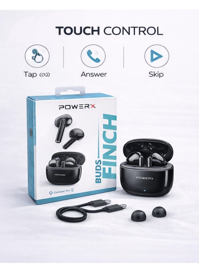 باور اكس سماعات PowerX Buds Finch لاسلكية بلوتوث 5.3 مع تحكم باللمس وتقليل الضوضاء مع علبة شحن وصوت عميق لون أسود - Image 2