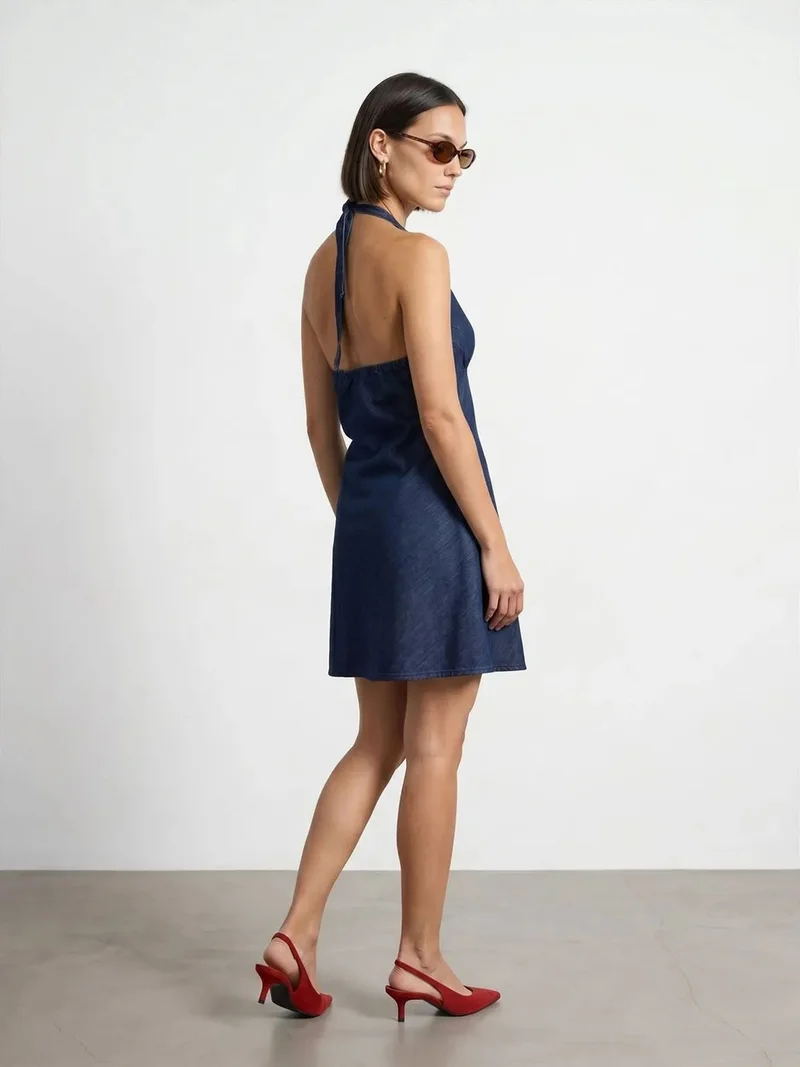ديلفين Dilvin Cotton Denim Halter Mini Dress