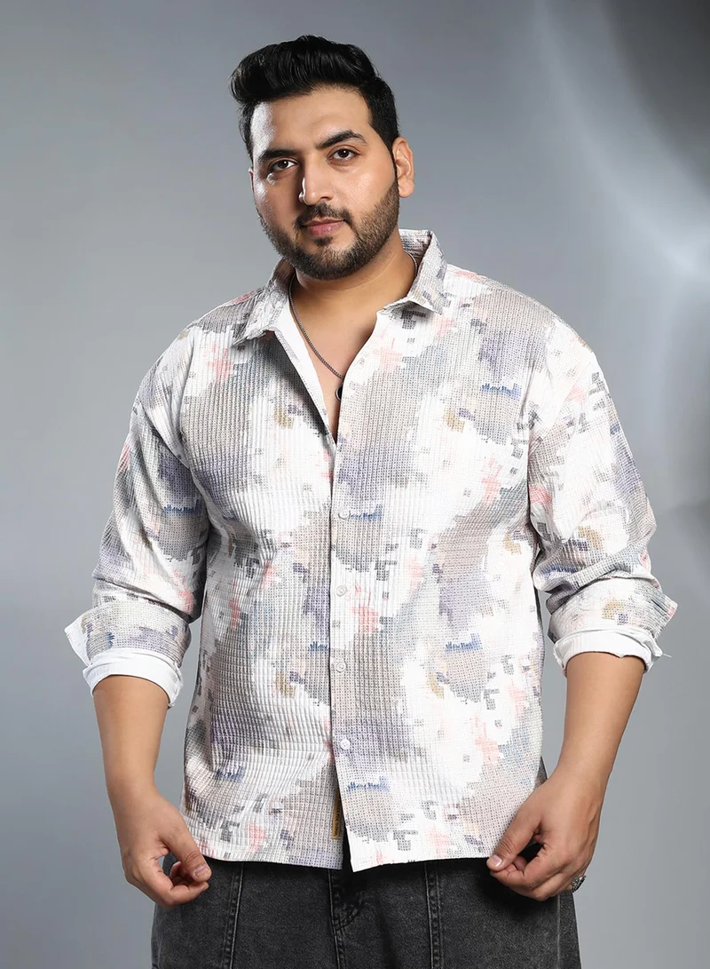 Instafab Plus Instafab Plus Men's Moon Grey & Chalk White Artistic-Blur Shirt For Casual Wear | Spread Collar | Long Cuffed Sleeves | Button Closure | Plus Size Shirt Crafted With Comfort Fit For Everyday Wear