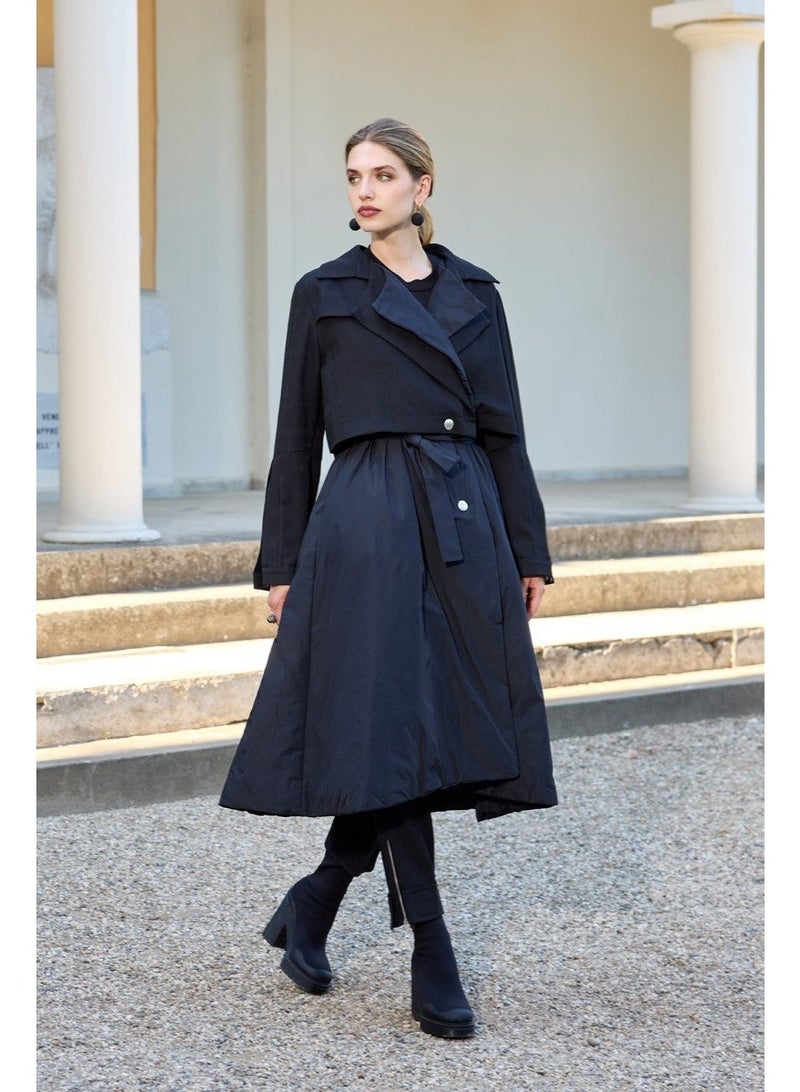 MissWhence Structured Cape-Detail Midi Coat - Black - Image 1