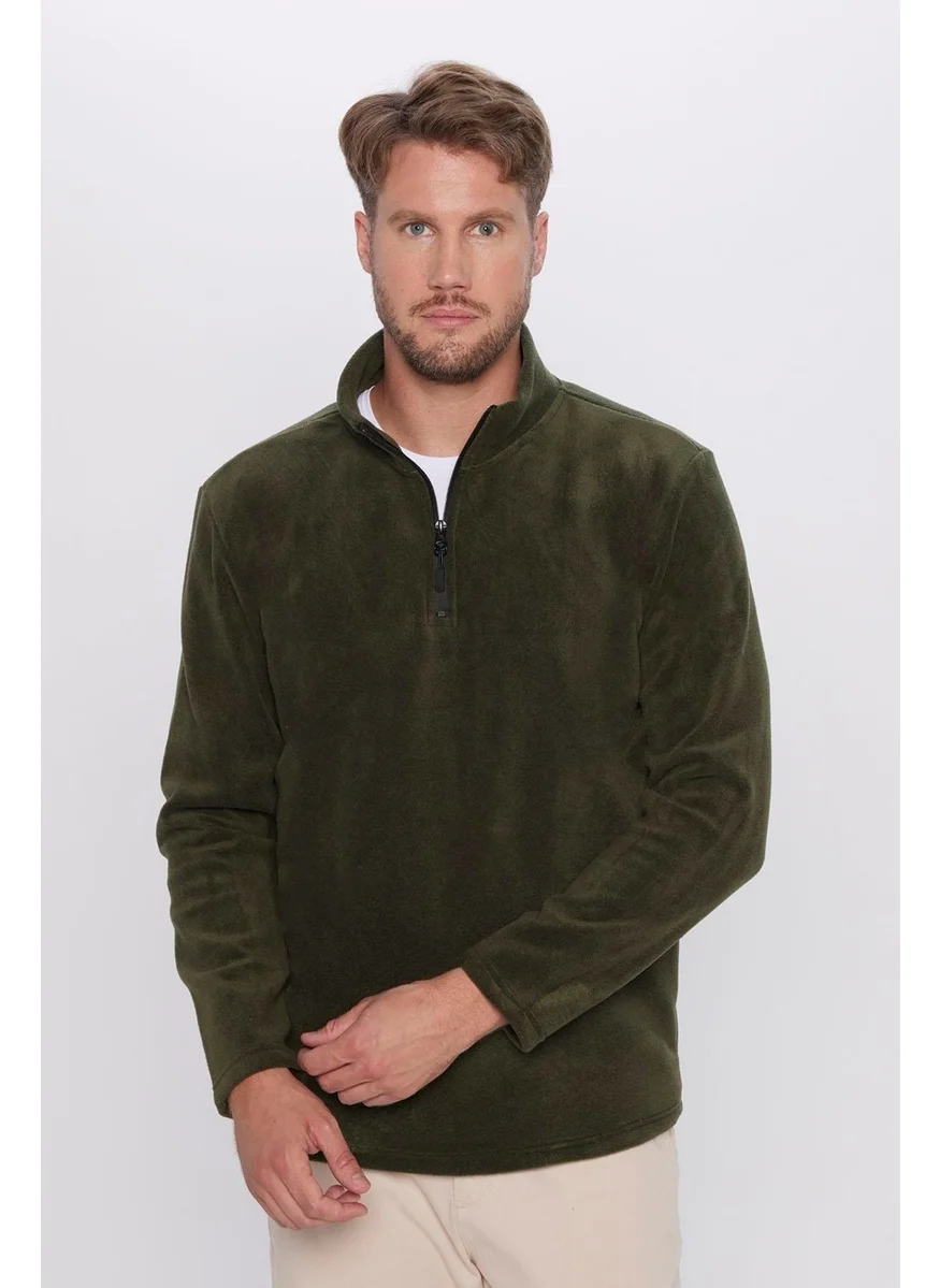 Tudors Men's Standard Fit Relaxed Cut Non-Pilling Cold Proof Khaki Stand Collar Fleece Sweatshirt