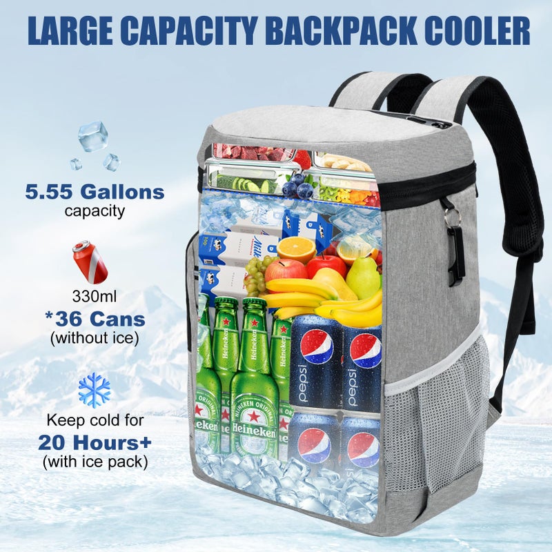 AMNOW Backpack Cooler Insulated Leak Proof For Men Women 36 Cans Soft Cooler Backpack Insulated Waterproof Large Capacity Coolers Bag Portable For Lunch Camping Travel Picnic Hiking Light Grey - Image 2