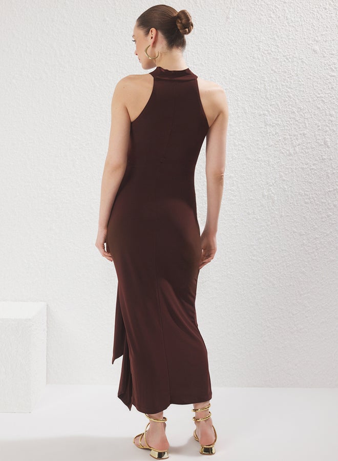 trendyol Brown Belt Detail Halter Neck Bodycone/Fits Body Stretch Maxi Knit Dress - Image 4