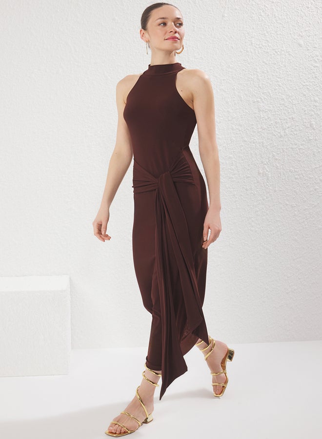 trendyol Brown Belt Detail Halter Neck Bodycone/Fits Body Stretch Maxi Knit Dress - Image 2