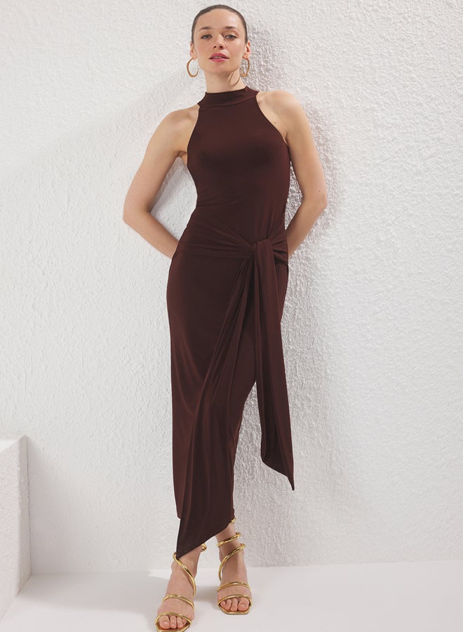 trendyol Brown Belt Detail Halter Neck Bodycone/Fits Body Stretch Maxi Knit Dress - Image 1
