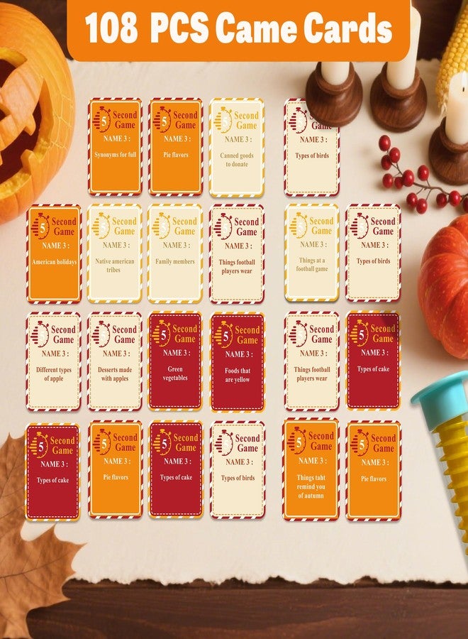 ام ال او ال ام بطاقات لعبة عيد الشكر MLOLM، 108 بطاقة لعبة خريفية لعيد الشكر، قاعدة الخمس ثوانٍ، مع ساعة رملية - لعبة سفر ممتعة، فكر بسرعة، شارك الإجابات - Image 3