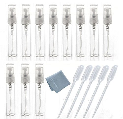 Elfenstal- 20pcs Mini Clear 5ml 1/6OZ Atomizer Fine Mist Empty Glass Bottle Spray Refillable Fragrance Perfume Scent Sample Bottle 1pc Clean Cloth for Travel Party Makeup Tool 5pcs Free 3ml Pipette