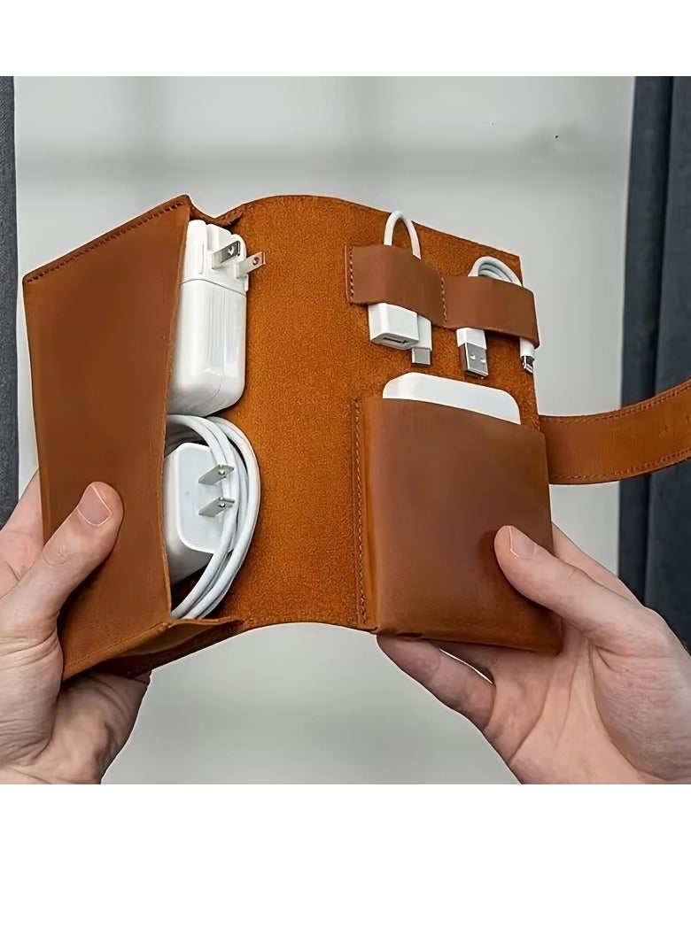 Premium PU Leather Travel Electronics Organizer - Cable and Cord Organizer with Multiple Compartments (Brown), 18cm x 23.5cm x 1.54cm, Perfect for Small Accessories - Image 3