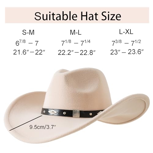 Lanzom Women Men Classic Felt Wide Brim Western Cowboy Cowgirl Hat with Belt Buckle(Medium-Large,Beige) - Image 2