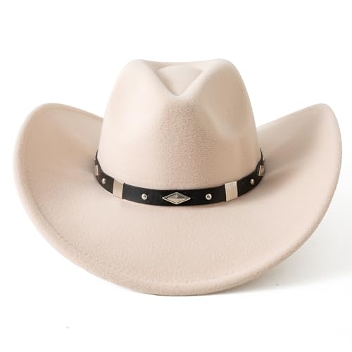 Lanzom Women Men Classic Felt Wide Brim Western Cowboy Cowgirl Hat with Belt Buckle(Medium-Large,Beige) - Image 4