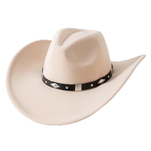 Lanzom Women Men Classic Felt Wide Brim Western Cowboy Cowgirl Hat with Belt Buckle(Medium-Large,Beige) - Image 1
