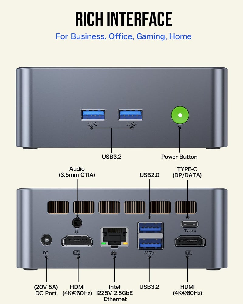 GMKtec Mini Desktop Computer, M3 Intel Core i5 12450H (8C/12T, up to 4.40GHz) Mini PC 16GB DDR4 (8GB*2) 512GB SSD, 2X HDMI 4K, 4X USB 3.2, USB-C, WiFi 6, BT 5.2, RJ45 2.5G Black - Image 3