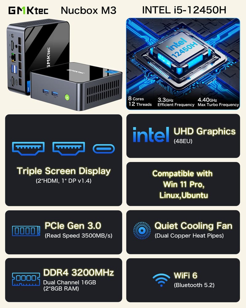 GMKtec Mini Desktop Computer, M3 Intel Core i5 12450H (8C/12T, up to 4.40GHz) Mini PC 16GB DDR4 (8GB*2) 512GB SSD, 2X HDMI 4K, 4X USB 3.2, USB-C, WiFi 6, BT 5.2, RJ45 2.5G Black - Image 2
