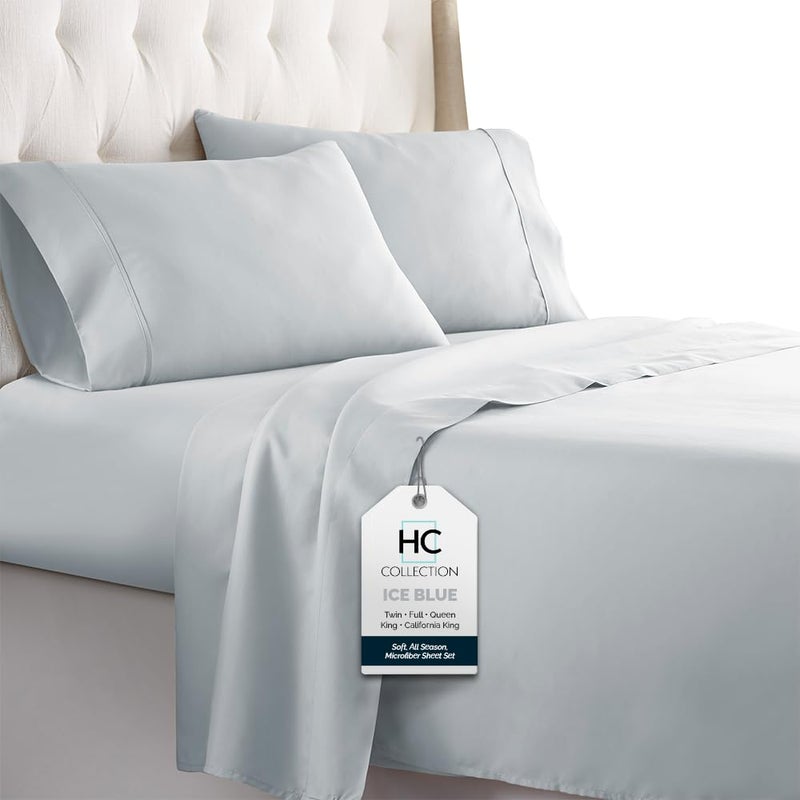 HC COLLECTION Bed Sheets Set Queen with 2 Pillowcases Hotel Luxury Brushed Microfiber Sheet w/Deep Pocket, Fade Resistant Ultra Soft Breathable Lightweight 4 Pcs Bedding Solid Color, Ice Blue - Image 1