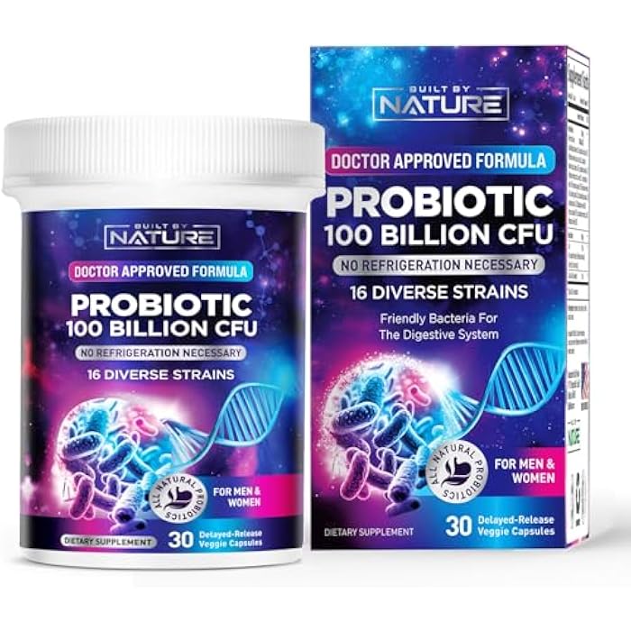 Built by Nature 100 Billion CFU Probiotic – 16 Strains + Prebiotics – Immune & Digestive Support – for Women & Men – Delayed Release Capsules, Shelf Stable – 1 Month Supply - 30 Capsules - Image 1