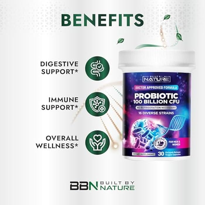 Built by Nature 100 Billion CFU Probiotic – 16 Strains + Prebiotics – Immune & Digestive Support – for Women & Men – Delayed Release Capsules, Shelf Stable – 1 Month Supply - 30 Capsules - Image 5