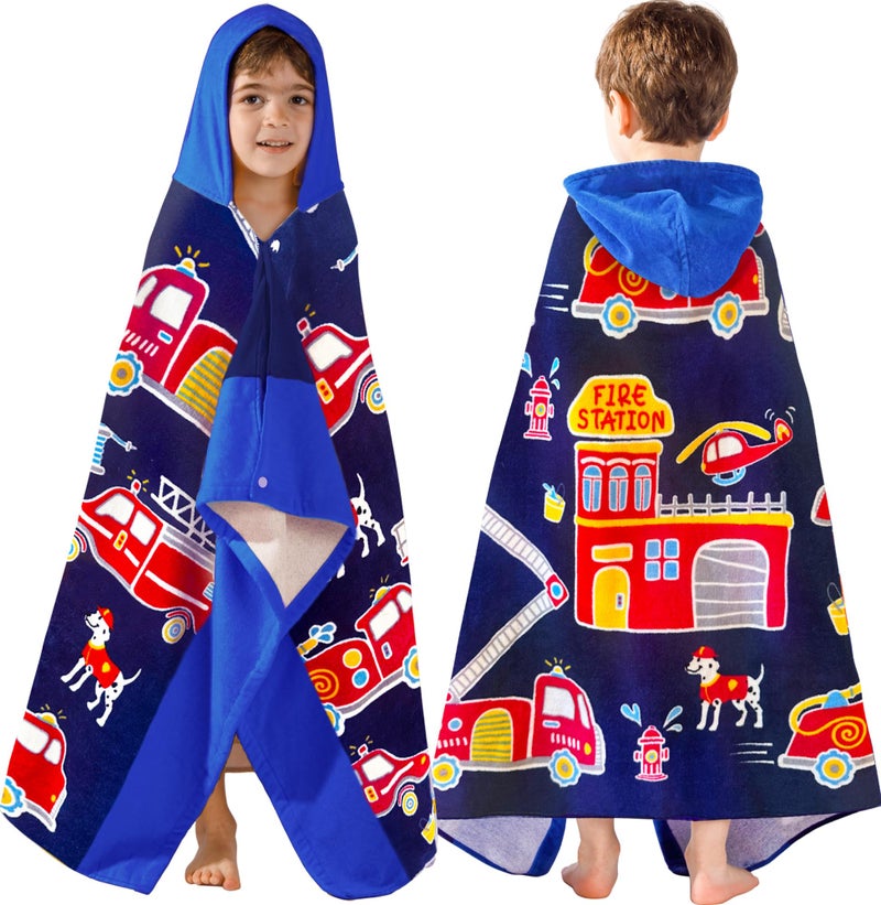VOOVA & MOVAS VOOVA  MOVAS Kids Bath Towels Age 310 30X50 Soft  Thick  100 Cotton Beach  Pool  Bath  Swim Towels  Cover Up for Boys Blue Fire Truck Theme 