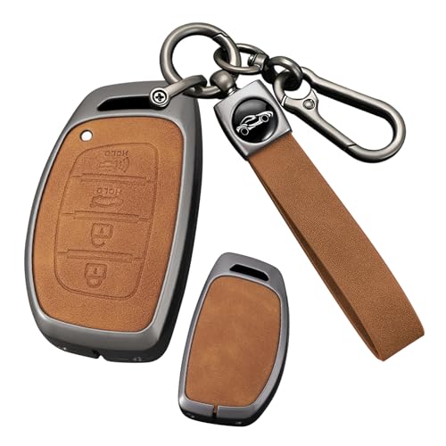 ontto Metal and Leather Key Fob Protector with Keychain Fit for Hyundai Sonata Elantra IX35 i10 i20 i40 Tucson Ioniq 2018 2019 Smart Remote Key Cover Solid Key Housing,Brown - Image 1