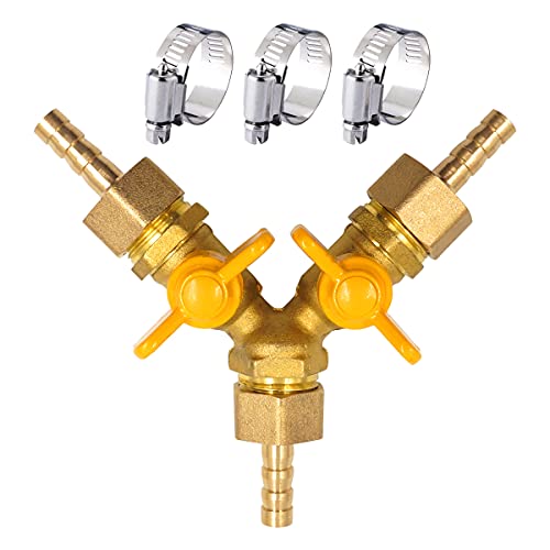 Horiznext brass 5/16 inch O.D. barb three way shut off ball valve for gas hose air water pvc pex garden tubing fuel line, tee switch splitter fitting - Image 1