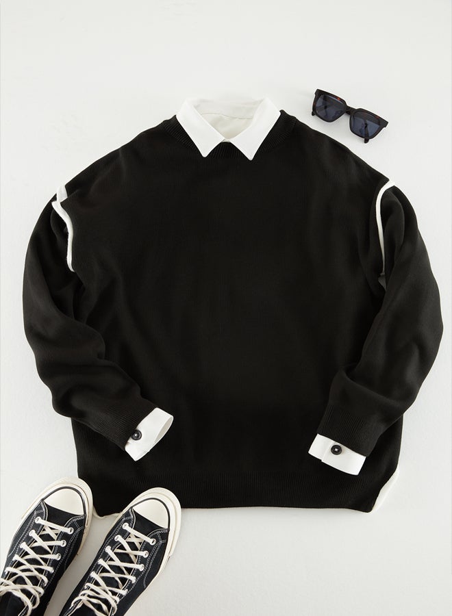 trendyol Black Oversize Crew Neck Piping Detailed Knitwear Sweater - Image 1