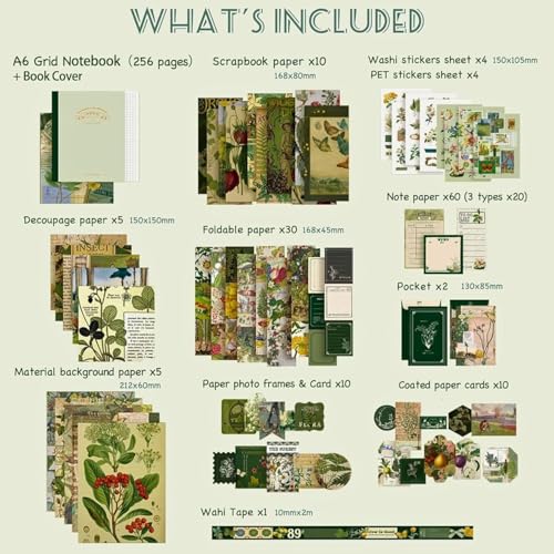 yifely Paper Vintage Aesthetic Scrapbook Kit Scrapbooking Supplies Kit with Bullet Junk Journal,Stationery,A6 Grid Notebook with Graph Ruled Page DIY Journaling Gift for (Cyan Looked At Wild Dome) - Image 2