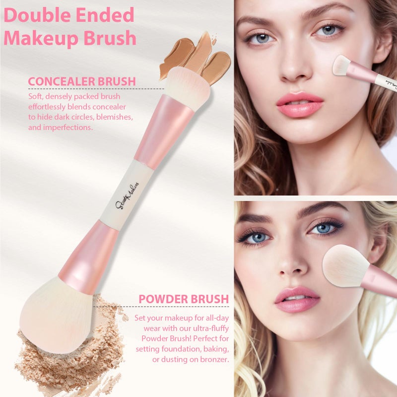 START MAKERS Makeup Brushes 5Pcs Dual Ended Pink Makeup Brush Set for Foundation Blush Bronzer Concealer Contour Powder Highlight Eyebrow Eyeshadow Blending, Travel Makeup Brushes with Bag - Image 2