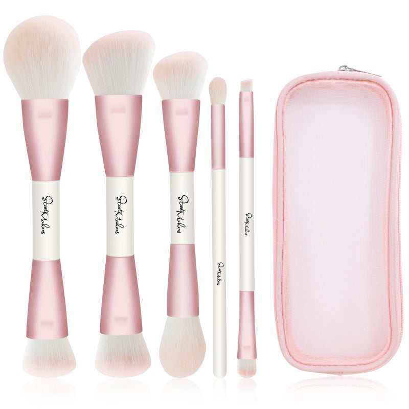 START MAKERS Makeup Brushes 5Pcs Dual Ended Pink Makeup Brush Set for Foundation Blush Bronzer Concealer Contour Powder Highlight Eyebrow Eyeshadow Blending, Travel Makeup Brushes with Bag - Image 1