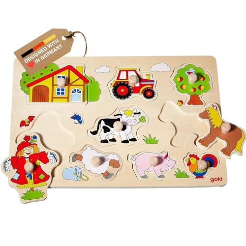 GOKI Wooden Puzzles for Toddlers 13 Farm Animal Peg Puzzle with Jumbo Knobs Ages 1 Educational Montessori Toys for Shape Recognition Fine Motor Skills 9 PiecesDesigned with Love in Germany - Image 1