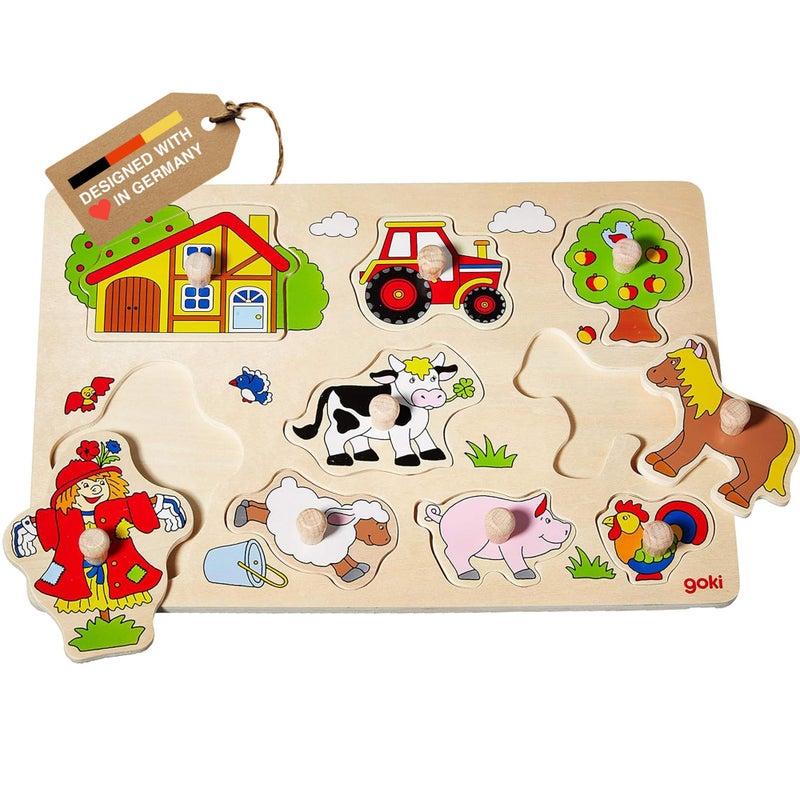 GOKI Wooden Puzzles for Toddlers 13 Farm Animal Peg Puzzle with Jumbo Knobs Ages 1 Educational Montessori Toys for Shape Recognition Fine Motor Skills 9 PiecesDesigned with Love in Germany - Image 2