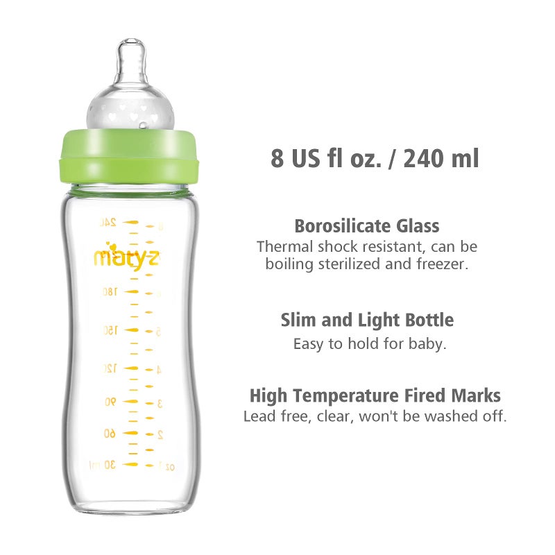 Matyz Glass Breastmilk Baby Feeding Bottle with Nipple, 4 Pack, 8 oz Slim and Light Bottle Easy to Hold, Food Grade Borosilicate Glass, Wide Neck Easy to Clean, No BPA (Green Lids) - Image 3
