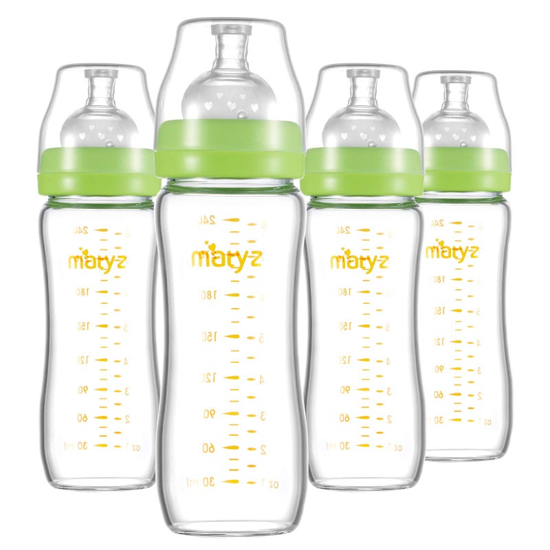 Matyz Glass Breastmilk Baby Feeding Bottle with Nipple, 4 Pack, 8 oz Slim and Light Bottle Easy to Hold, Food Grade Borosilicate Glass, Wide Neck Easy to Clean, No BPA (Green Lids) - Image 1