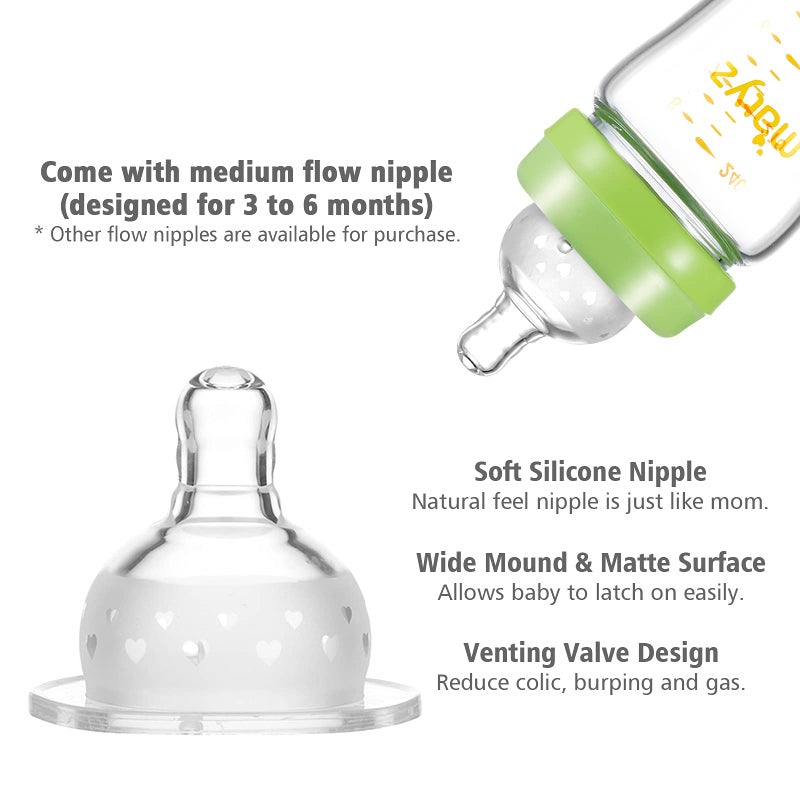 Matyz Glass Breastmilk Baby Feeding Bottle with Nipple, 4 Pack, 8 oz Slim and Light Bottle Easy to Hold, Food Grade Borosilicate Glass, Wide Neck Easy to Clean, No BPA (Green Lids) - Image 4