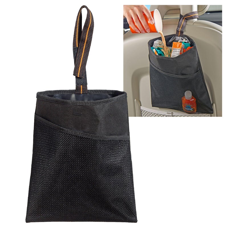 High Road Small Hanging Car Trash Bag with Waterproof Liner Storage Pocket and Adjustable Strap Hangs from Handles or Headrest Posts Without Taking Up Legroom - Image 2