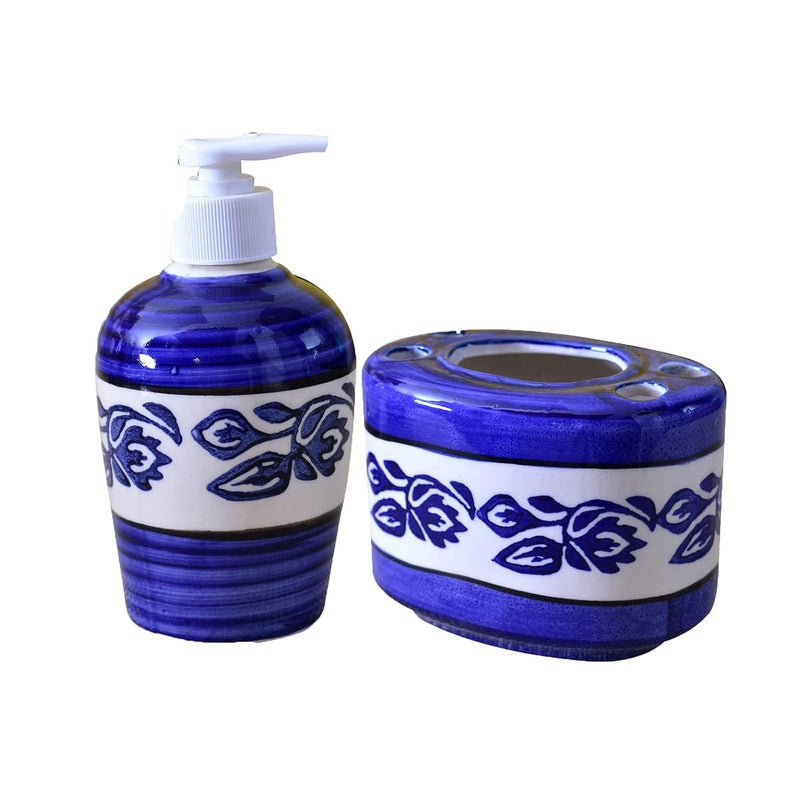 KunhaR Ceramic Bathroom Accessory Set Blue Liquid Soap Dispenser Toothbrush HolderKUNCBSET1601 - Image 1