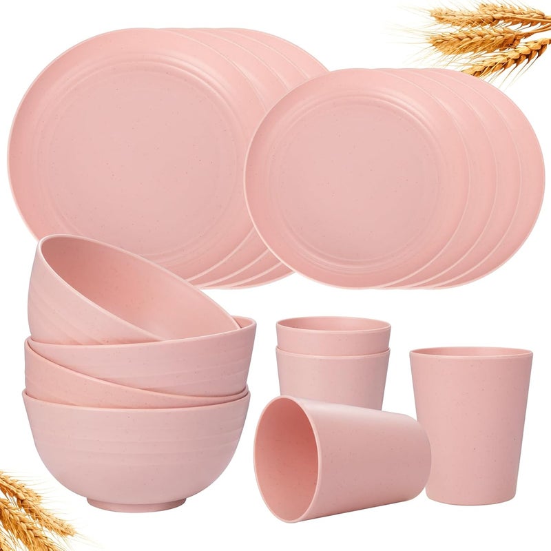 Rubtlamp 16Pcs Plastic Wheat Straw Dinnerware Set Reusable Plastic Plate Set for 4 Kitchen Plates And Bowls Set Pink Include Dinner Plates Dessert Plates Cereal Bowls Cups for Daily Camping - Image 1