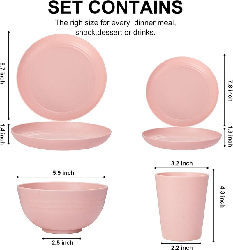 Rubtlamp 16Pcs Plastic Wheat Straw Dinnerware Set Reusable Plastic Plate Set for 4 Kitchen Plates And Bowls Set Pink Include Dinner Plates Dessert Plates Cereal Bowls Cups for Daily Camping - Image 2