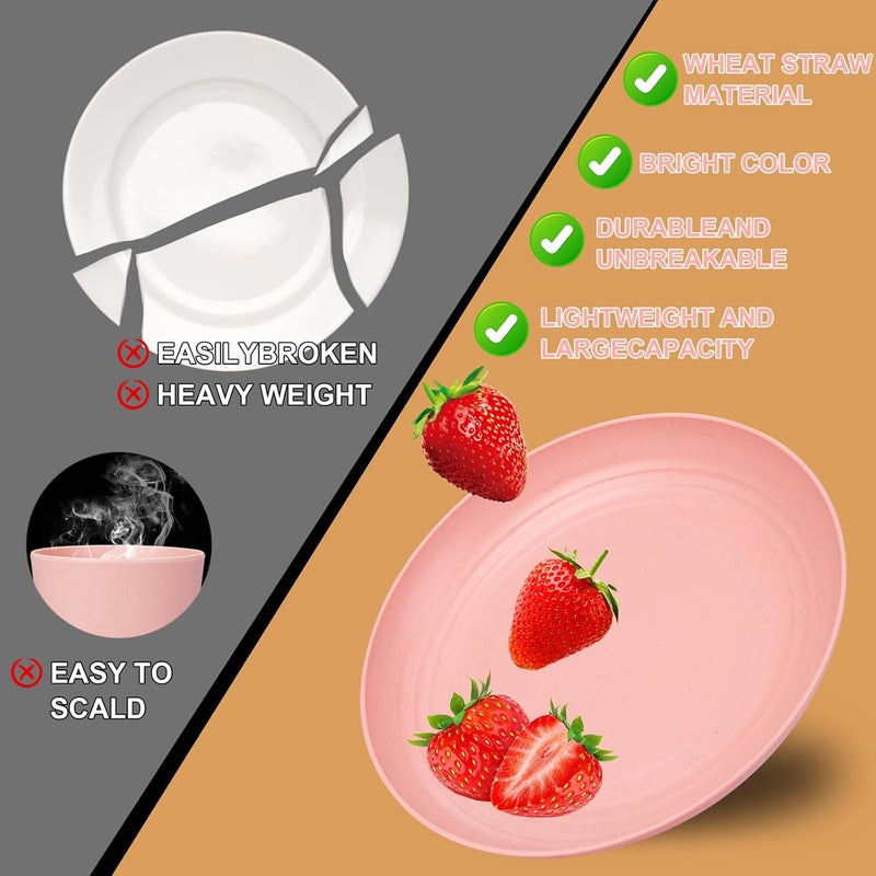 Rubtlamp 16Pcs Plastic Wheat Straw Dinnerware Set Reusable Plastic Plate Set for 4 Kitchen Plates And Bowls Set Pink Include Dinner Plates Dessert Plates Cereal Bowls Cups for Daily Camping - Image 3