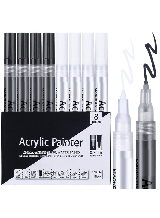أقلام طلاء أزوني سوداء، أقلام طلاء أكريليك سوداء وبيضاء، عبوة من 8 أقلام تحديد فنية فائقة الدقة 0.7 مم ومقاومة للماء للرسم على الصخور والسيراميك والزجاج والقماش والأكواب والمعادن والخشب ولوازم اصنعها بنفسك، قلم تحديد أكريليك أسود - Image 1