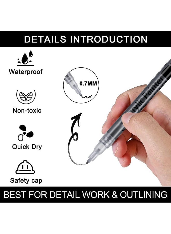 أقلام طلاء أزوني سوداء، أقلام طلاء أكريليك سوداء وبيضاء، عبوة من 8 أقلام تحديد فنية فائقة الدقة 0.7 مم ومقاومة للماء للرسم على الصخور والسيراميك والزجاج والقماش والأكواب والمعادن والخشب ولوازم اصنعها بنفسك، قلم تحديد أكريليك أسود - Image 3