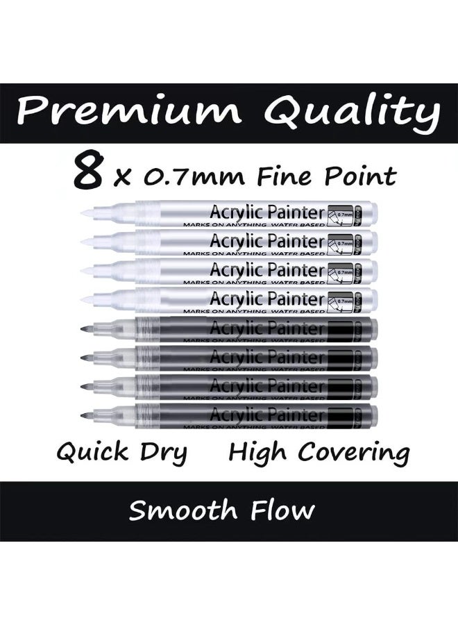 أقلام طلاء أزوني سوداء، أقلام طلاء أكريليك سوداء وبيضاء، عبوة من 8 أقلام تحديد فنية فائقة الدقة 0.7 مم ومقاومة للماء للرسم على الصخور والسيراميك والزجاج والقماش والأكواب والمعادن والخشب ولوازم اصنعها بنفسك، قلم تحديد أكريليك أسود - Image 5