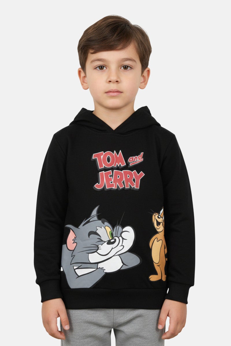 Warner Bros Toddlers Boy Long Sleeve Tom And Jerry Hooded Sweatshirt, Black - Image 1