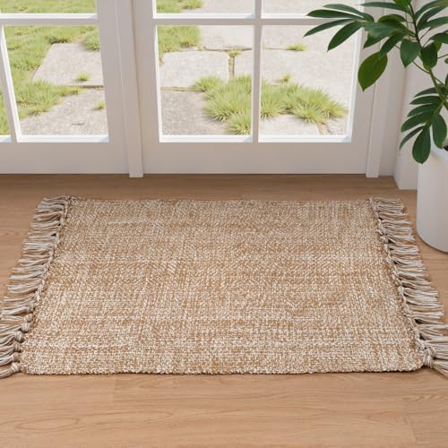 Collive Small Bathroom Rug, 2' x 3' Hand-Woven Low Profile Front Entryway Rug, Tan Cotton Reversible Washable Kitchen Mat Modern Farmhouse Carpet for Foyer Bedroom Back Door Decor - Image 1