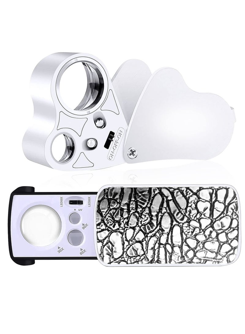 KASTWAVE 2 Pcs Jewelers Illuminated Loupe Magnifier, 30X 60X 90X Foldable Eye Loupe Magnifier with LED Light, for Gems Jewelry Jewelers Stamps Coins Watches Hobbies Antiques Gems (White) - Image 1