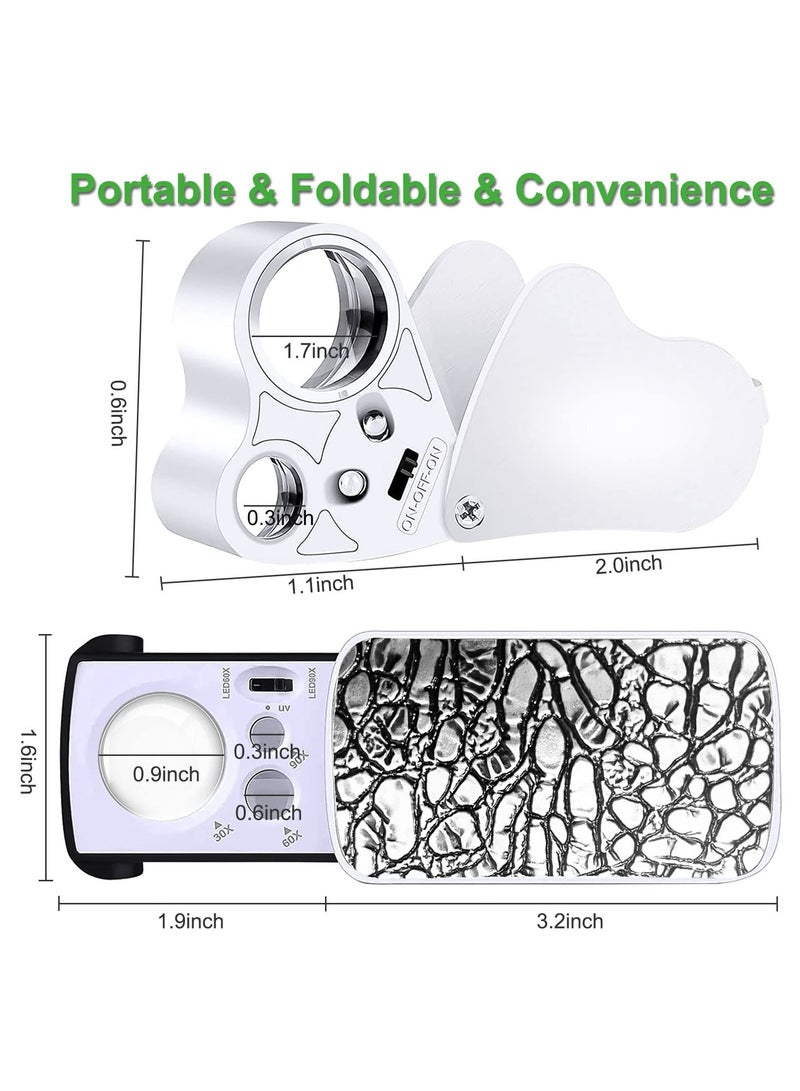 KASTWAVE 2 Pcs Jewelers Illuminated Loupe Magnifier, 30X 60X 90X Foldable Eye Loupe Magnifier with LED Light, for Gems Jewelry Jewelers Stamps Coins Watches Hobbies Antiques Gems (White) - Image 2