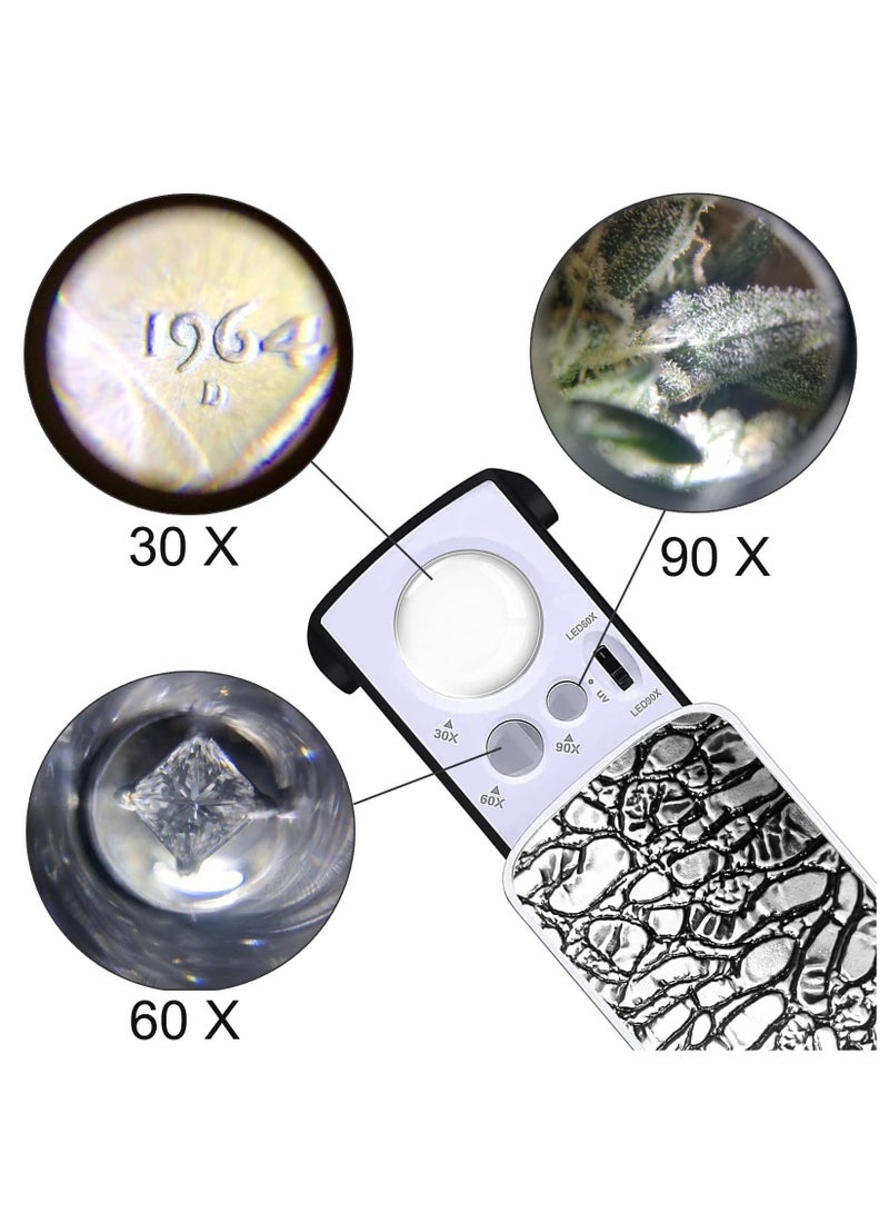 KASTWAVE 2 Pcs Jewelers Illuminated Loupe Magnifier, 30X 60X 90X Foldable Eye Loupe Magnifier with LED Light, for Gems Jewelry Jewelers Stamps Coins Watches Hobbies Antiques Gems (White) - Image 4