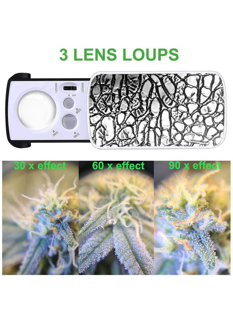 KASTWAVE 2 Pcs Jewelers Illuminated Loupe Magnifier, 30X 60X 90X Foldable Eye Loupe Magnifier with LED Light, for Gems Jewelry Jewelers Stamps Coins Watches Hobbies Antiques Gems (White) - Image 3