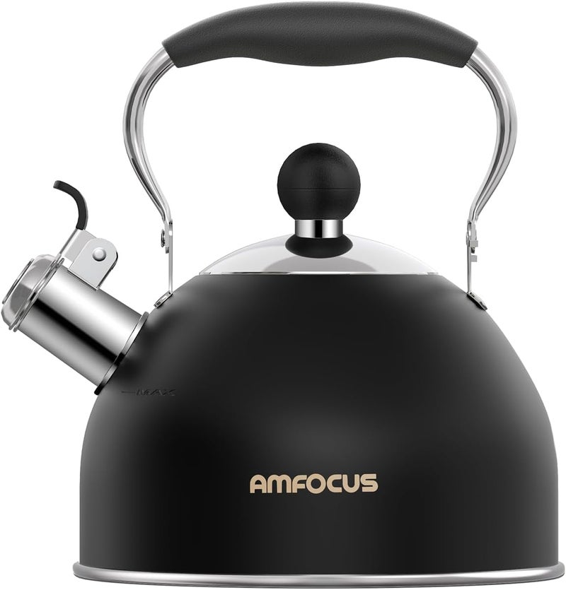 AMFOCUS Tea Kettle 2 Quart Stainless Steel Whistling Tea Kettle Stovetop Whistling Teakettle Tea Pots for Stove Top with Ergonomic Folding Handle Small Teapot Water boiler for Tea Coffee Black - Image 2