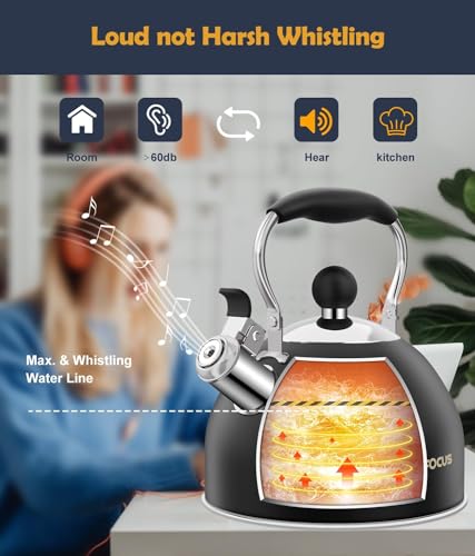AMFOCUS Tea Kettle 2 Quart Stainless Steel Whistling Tea Kettle Stovetop Whistling Teakettle Tea Pots for Stove Top with Ergonomic Folding Handle Small Teapot Water boiler for Tea Coffee Black - Image 3