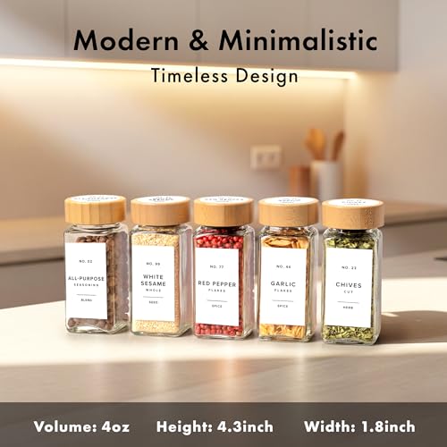 EDELHAUS Square Spice Jars with Bamboo Wooden Lid (Pack of 24) Spice Jars with Shaker Insert and 240 Labels - Bamboo Lid Glass Container for Spice Organisation [4.3 in × 1.8 in] - Image 2